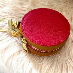 Tory Burch tan and red keychain purse
